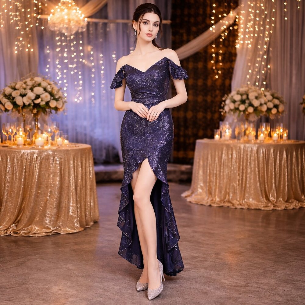 Royal Blue Sequin Prom Dress High Low Off Shoulder Evening Gown Slit